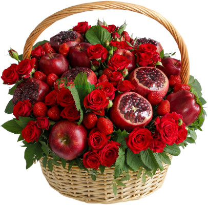 Корзина «Яркая и сладкая» с розами, клубникой и гранатами 