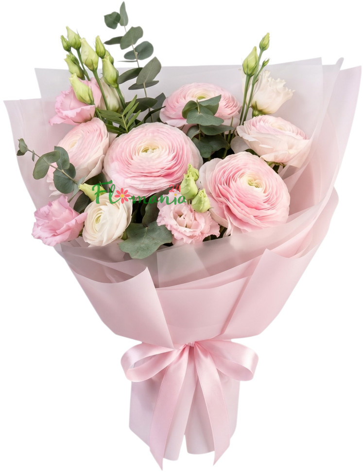 Букет с розовыми ранункулюсами и эустомой «Нежная эстетика»